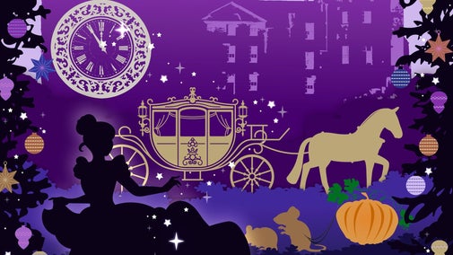 An illustration of Cinderella at Mottisfont in her ballgown, with carriage, mice, pumpkin and clock